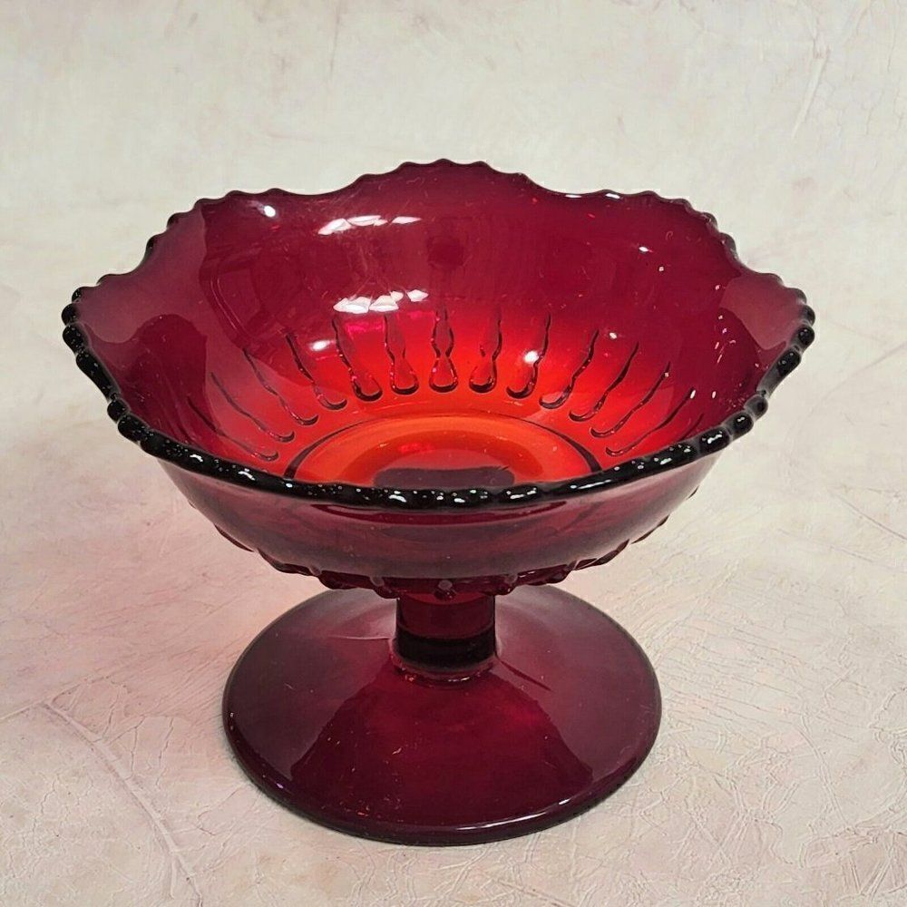 Vtg NEW MARTINSVILLE 3.5" Ruby Red Depression Footed Pedestal‎ Dish - pls read